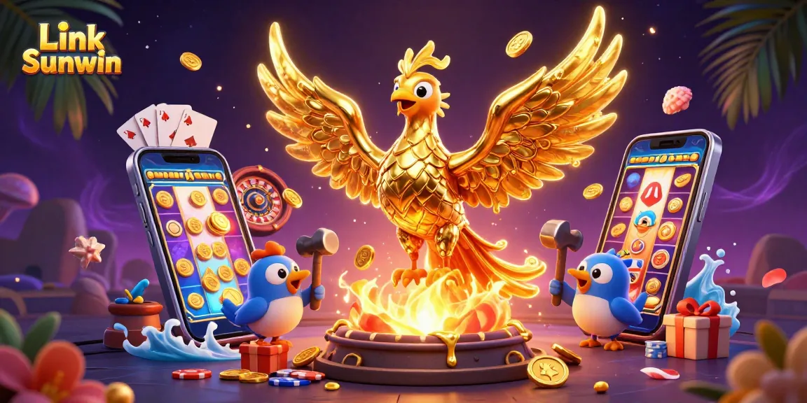 Engage gamblers with Link Sunwin through a vibrant 3D illustration of a molten golden phoenix and casino elements.