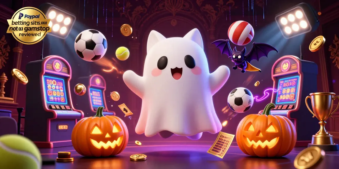 Bet on paypal betting sites not on gamstop reviewed with a ghost cat and vampire bat in a vibrant casino.