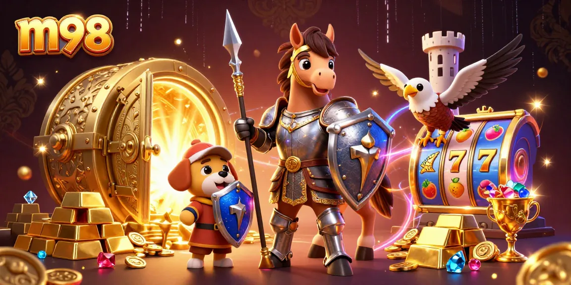 Engage with m98's thrilling slots and jackpot games in a vibrant 3D scene filled with treasures.