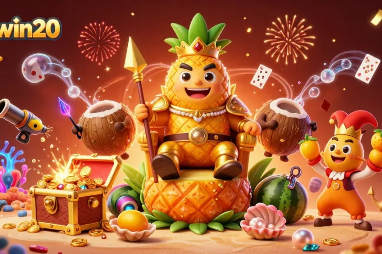 Engage in thrilling gameplay at sunwin20, illustrated with a vibrant beach casino scene featuring the golden pineapple king and pals.