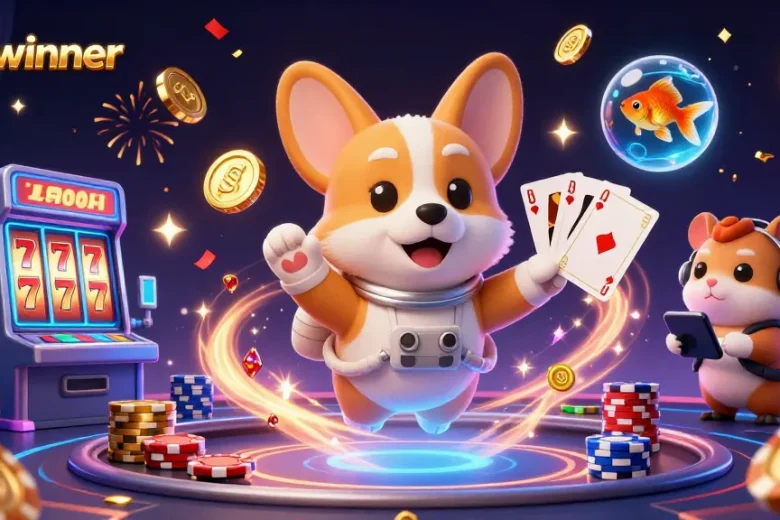 wolfwinner showcases a lively scene with an astronaut corgi in a vibrant casino space, spinning slot machines, and floating poker chips.