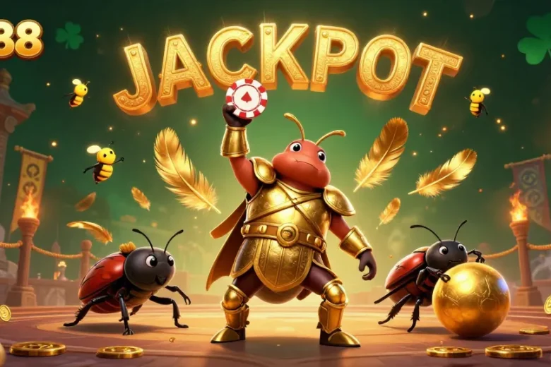 Experience the excitement of go88 as the golden-armored beetle celebrates a poker victory amid vibrant casino elements.