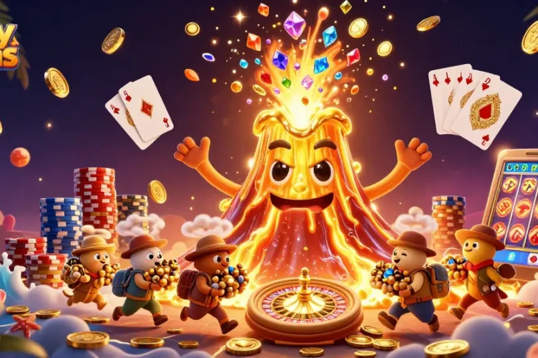 Experience the thrilling world of crazyvegas with golden treasures erupting from a volcano.
