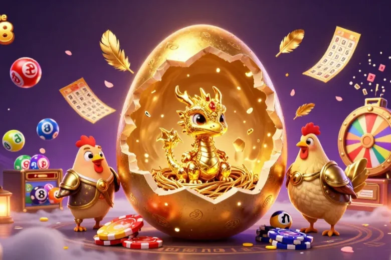 Engage with cổng game go88 as a golden dragon hatches amidst vibrant casino elements, promising excitement!
